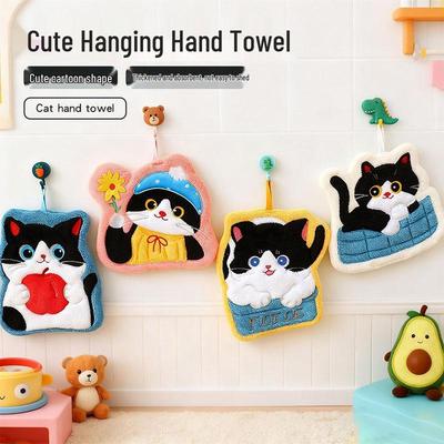 Cute Cat Cartoon Hand Towel - Thick Coral Fleece, Absorbent Small Towel for Kids' Kitchen/Bathroom