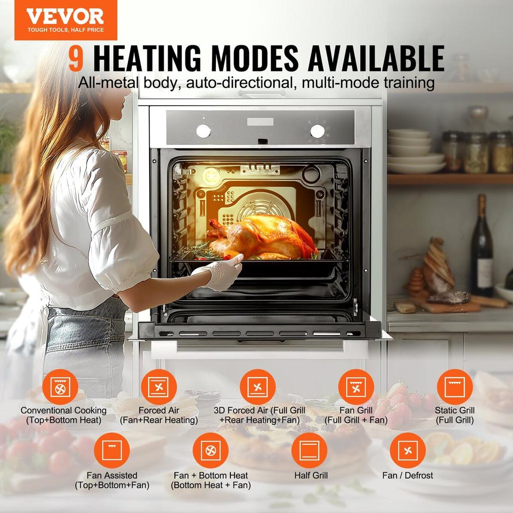 Single Wall Oven 24" Electric Built-in Wall Oven 9 Functions 2.68 Cu. Ft