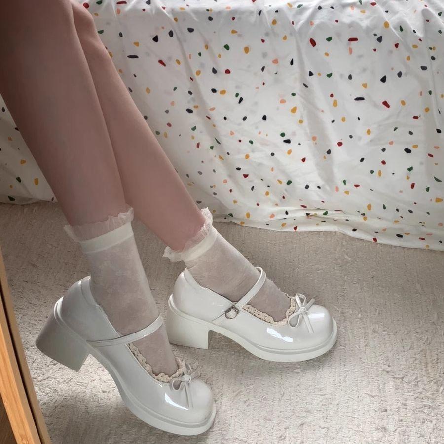 Versatile thick heel Mary Jane shoes women's summer new French round head bow British style small leather shoes women