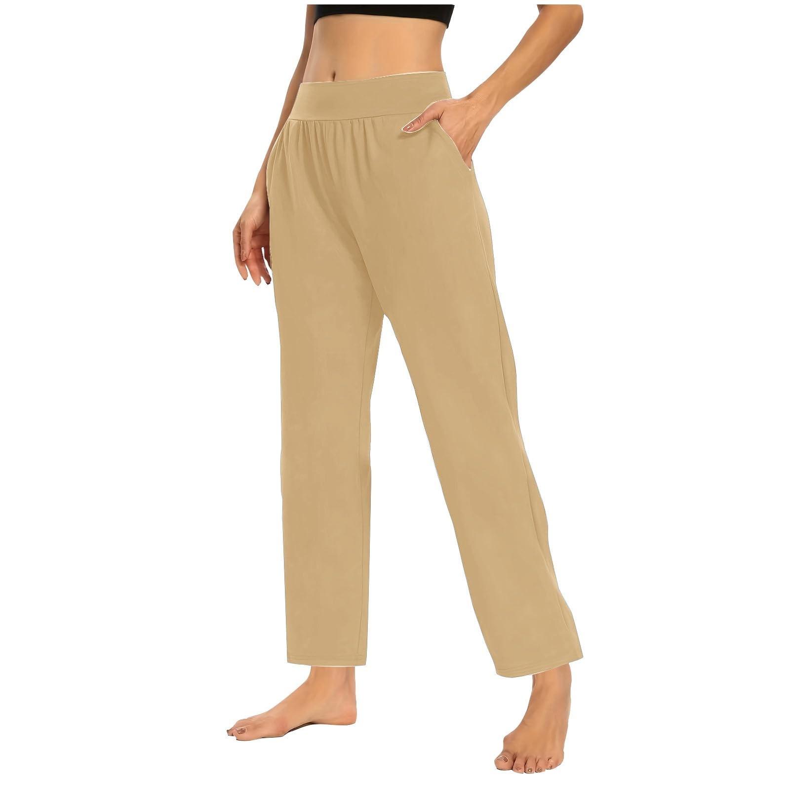 

Женские эластичные брюки с высокой талией, повседневные активные брюки с широкими штанинами и длинными брюками, брюки с карманами M хаки