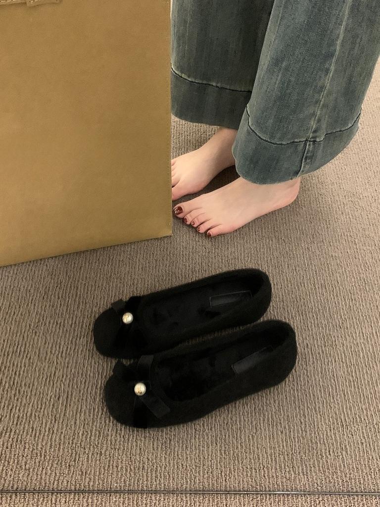 Inner height increase pink woolen single shoes female winter new Korean version ballet fairy wind fluffy shoes thick-soled velvet cotton shoes