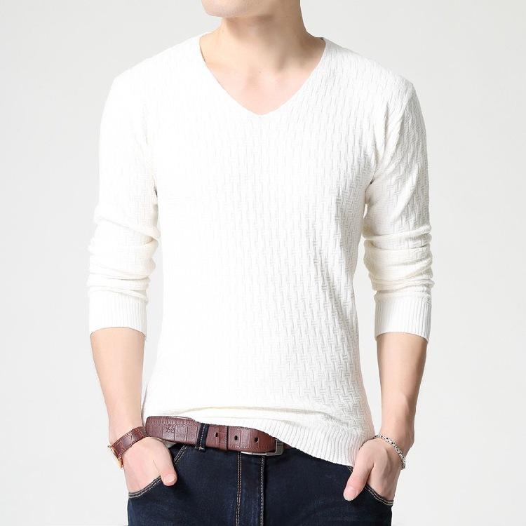 2025 Autumn New Solid Color V-Neck Pullover Men'S Knitted Sweater Slim Fit And Slimming Long Sleeved Sweater For Men