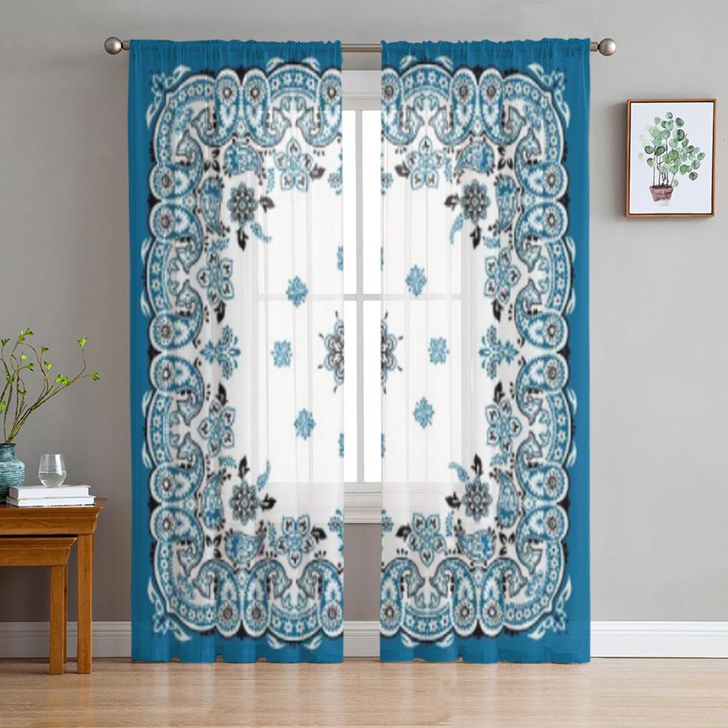 Bandana Blaues Muster Tüll Transparente Vorhänge zur Wohnzimmerdekoration Vorhang für das Zimmer Schlafzimmer Küche Voile Organza Vorhänge