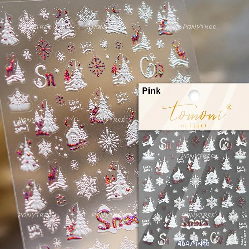 Gold Stamped Snowflake Stars White Christmas Tree Red Bowknot Cute 3D Nail Art Stickers Xmas Lovely Manicure Decals