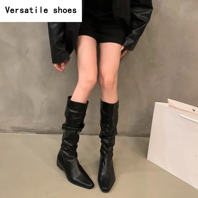 Slim Women Knee High Boots Fashion Slip On Pleated Long Booties Square Heels Autumn Winter Shoes