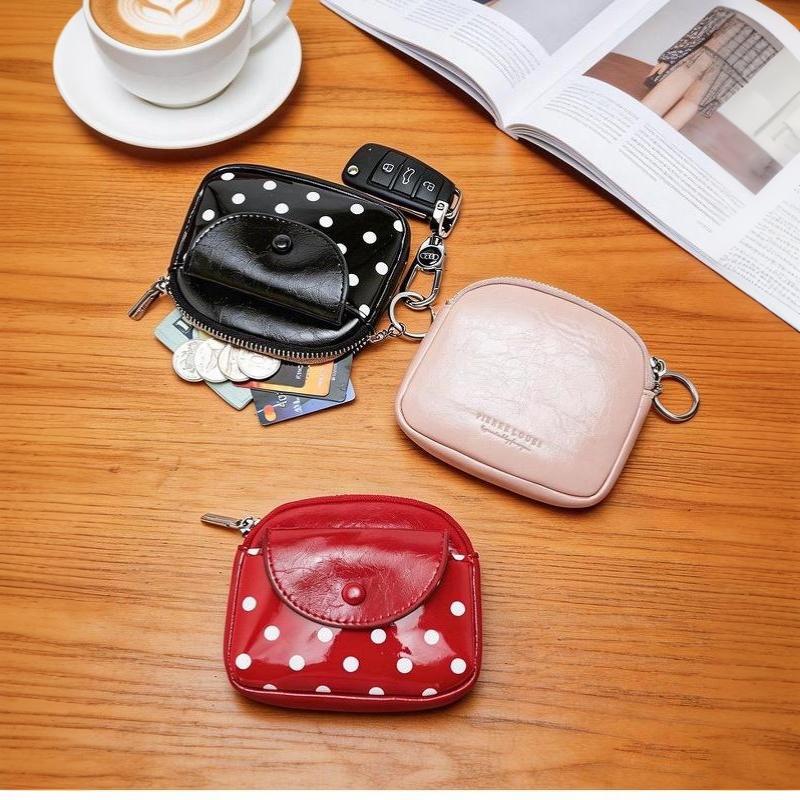 Polka Dot Portable Pu Leather Coin Purse Glossy Surface With Key Ring For Daily Shopping Travel