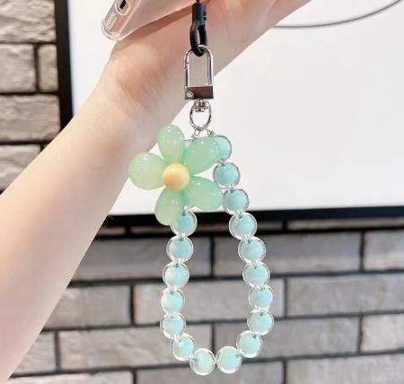Hot Selling Colorful Fashion Women's Hanging Chain Ring Code Wrist Strap Clip Cute Flower Bead Mobile Phone Lanyard