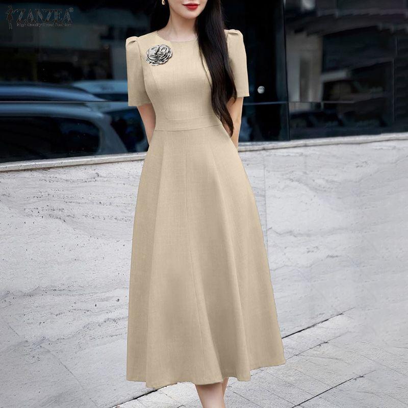 ZANZEA Women Casual Round Neck Summer Short Sleeve Elegant Dress