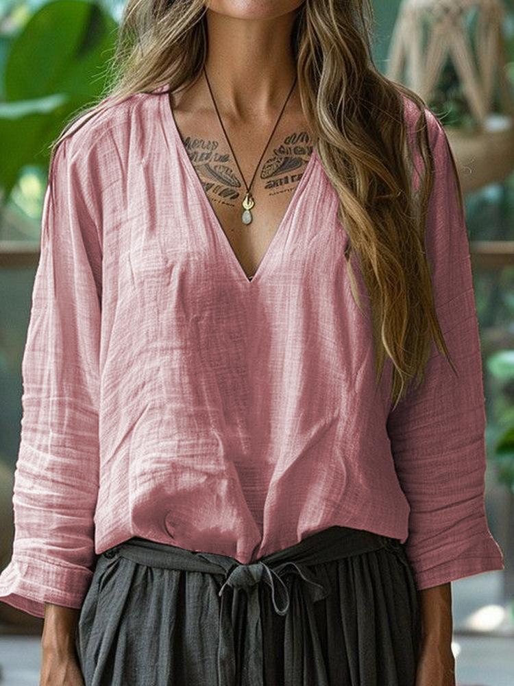 Women S Casual V Neck Long Sleeve Solid Color T Shirt S