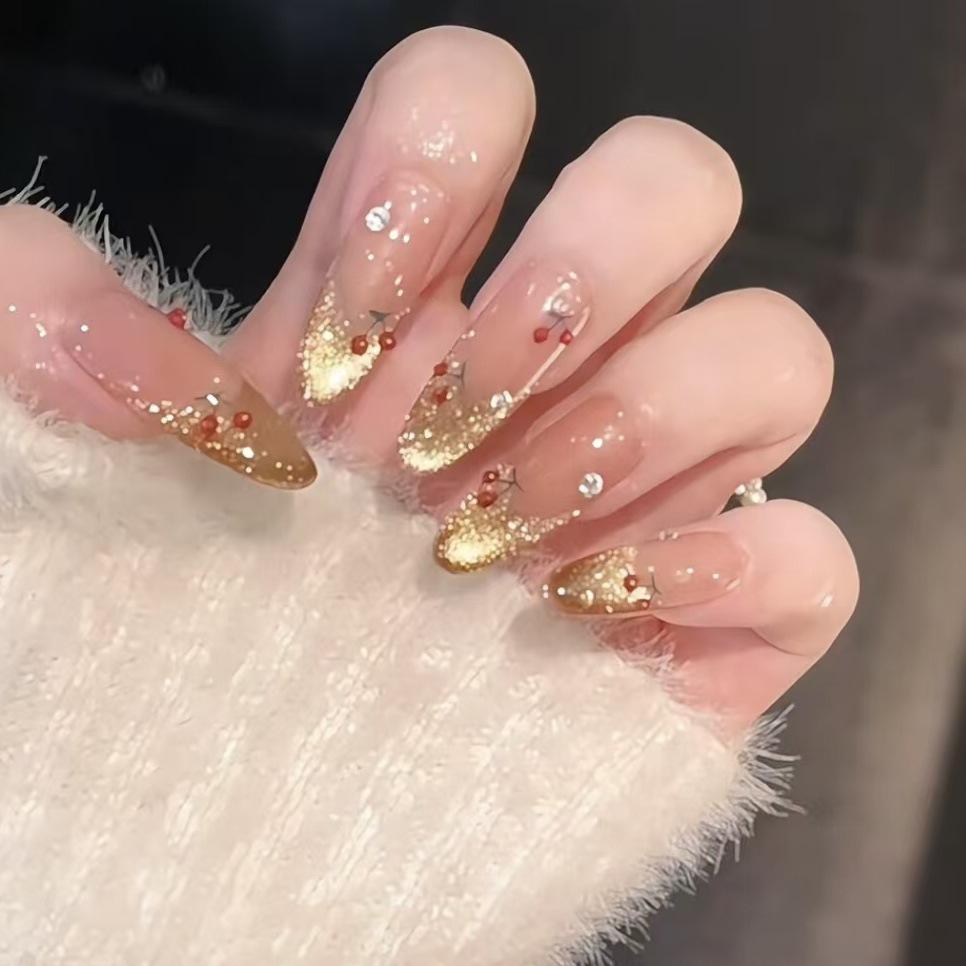 

Golden French Cat Eye Cherry Almond Nails: Long, Wearable Autumn/Winter Art Patches