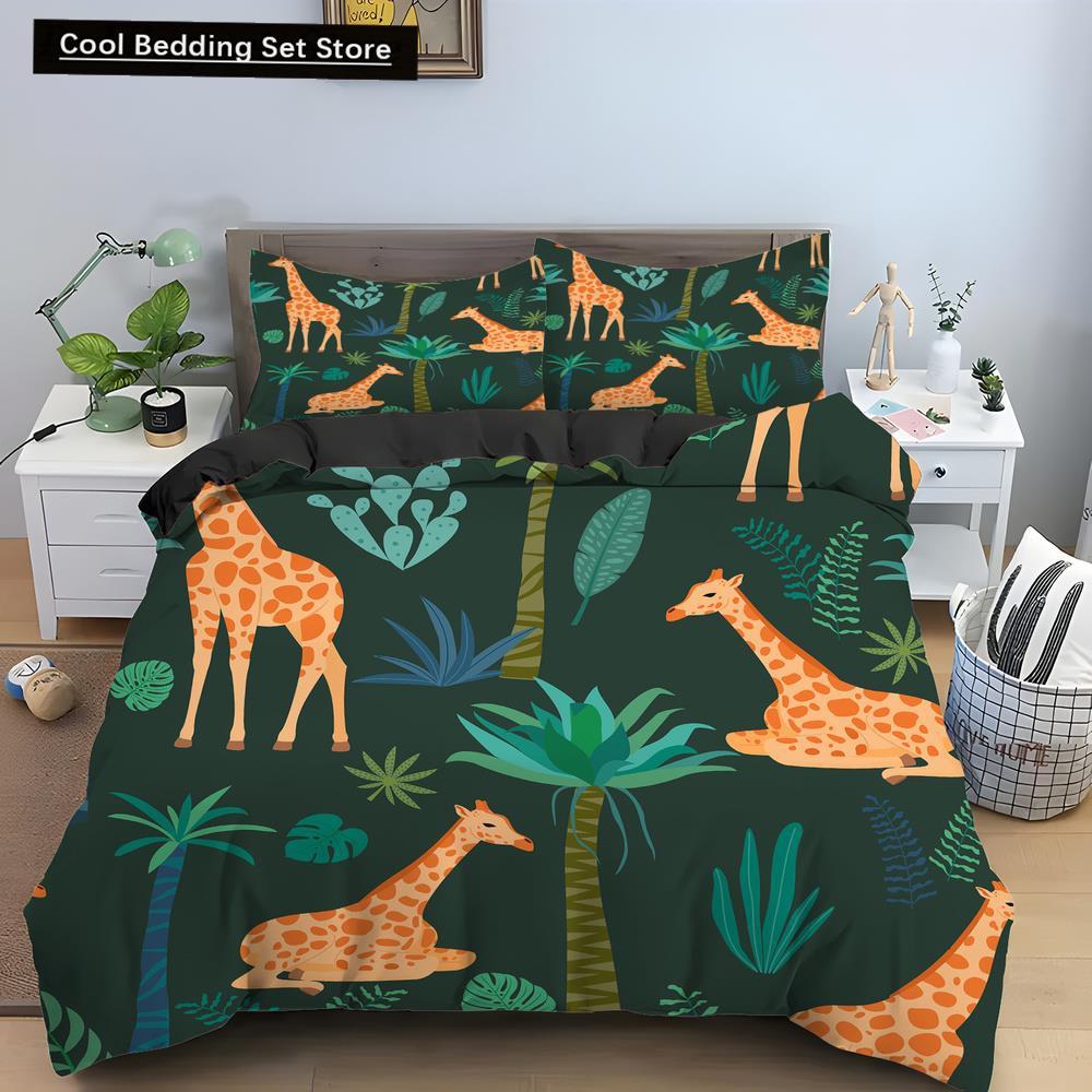 Cartoon Giraffe King Queen Duvet Cover Kids Girls Boys Animal Bedding Set Wildlife Quilt Cover 2/3pcs Polyester Comforter Cover