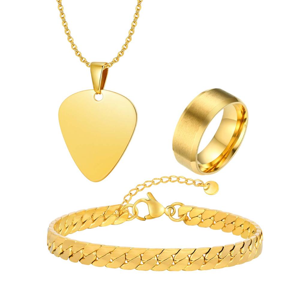 Vnox Men's 3pcs Stainless Steel Jewelry Set, Guitar Pick Pendant Necklace Classic Plain Ring Cuban Chain Bracelets Jewelry Set