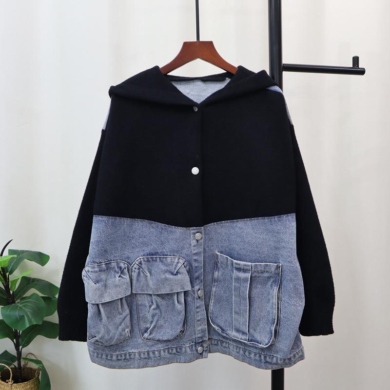 

Худи дизайн, пэчворк деним, вязаный двусторонний кардиган, новый свободный свитер-куртка для женщин на осень и зиму one size fits all чёрный