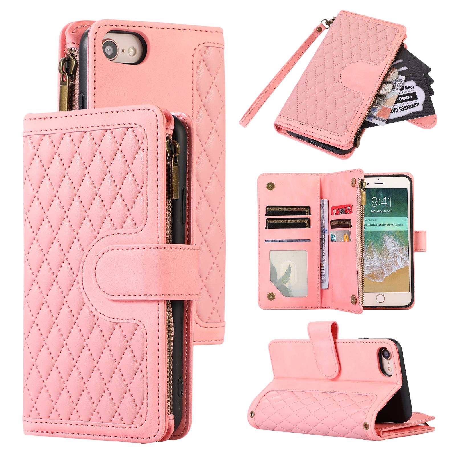 

Чехол для iPhone 16e с 9 отделениями для карт, ромбовидным дизайном, кожаная обложка для телефона с ремешком на запястье Rose Gold