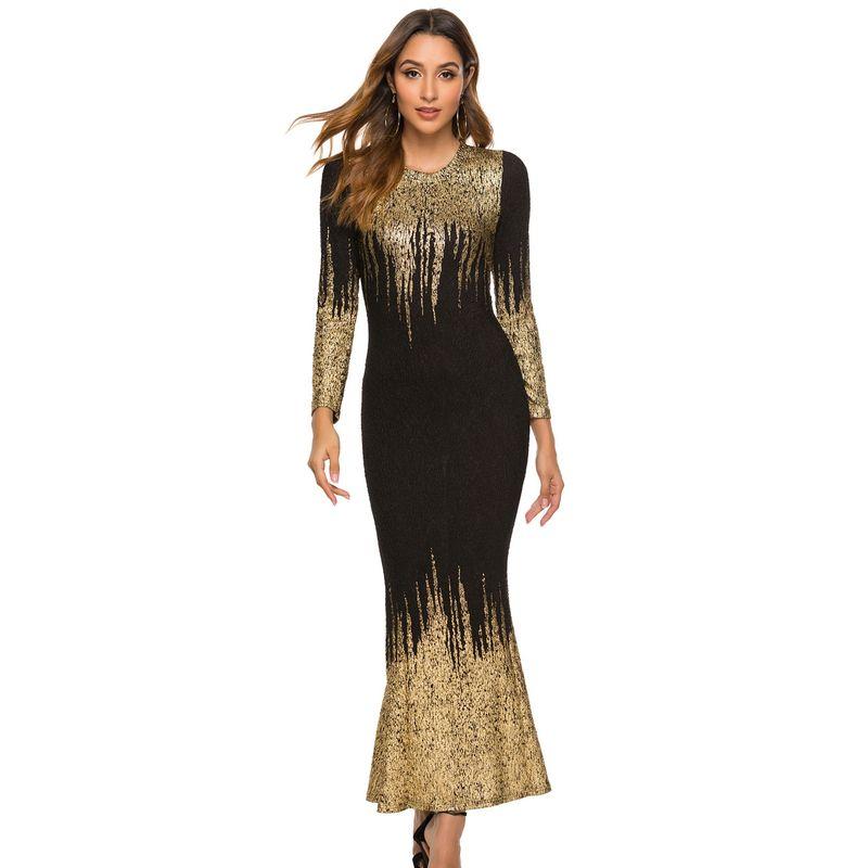 

2023 Gilded Printed Slim Fitting Long Sleeve Dress Dress Silver Black S