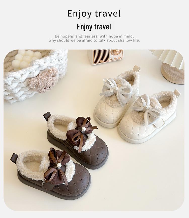 Girls' Winter Cotton Loafers with Bows - Cozy Low-Top Furry Shoes for Toddlers and Kids