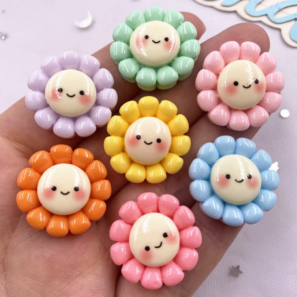 14pcs Resin 22mm Cute Colorful Smile Sunflower Figurine Flatback Cabochon Stone DIY Scrapbook  Decor Jewelry Crafts Accessories