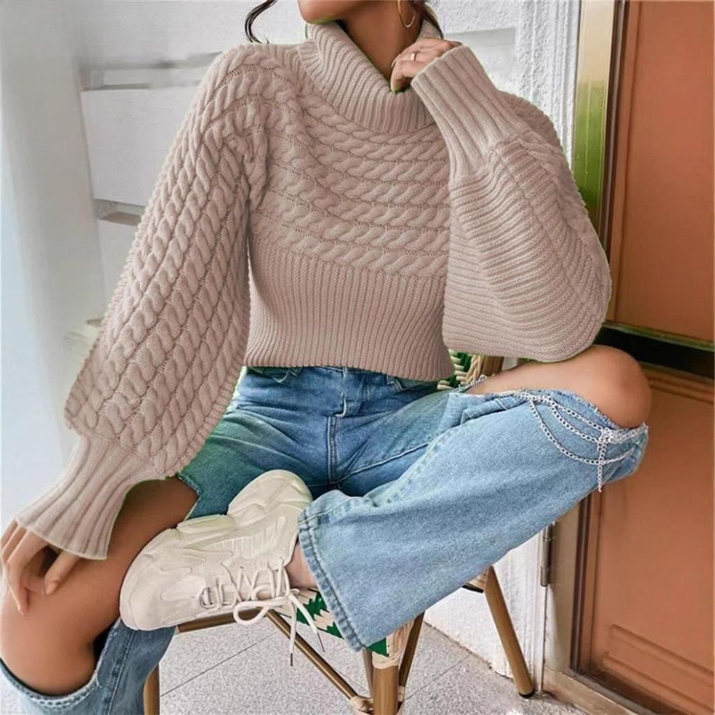 Maglioni a collo alto a maniche lunghe con stampa tinta unita, casual, autunno inverno, da donna
