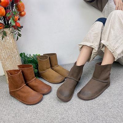 Autumn Vintage Handmade Leather Short Boots Solid Color Round Head Layered Cowhide Stock Set Foot Flat Forest Chelsea Boots