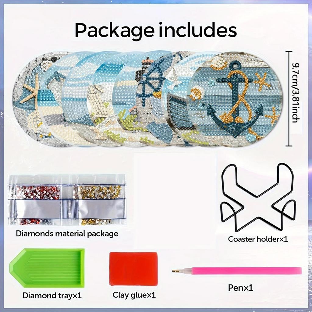 8 Stück/Set Diamantbemalte Untersetzer mit Ozeanmuster, DIY Untersetzer mit Halter, Geeignet für Anfänger und Erwachsene, Kunst- und Bastelbedarf Geschenke