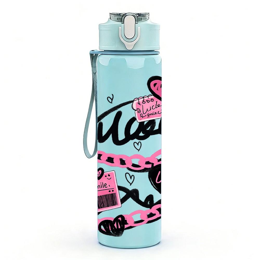 1PC Pink Heart Retro Letter Print 750ml Color Plastic Sports Water Bottle Leakproof Flip Straw Lid Suitable for Sports Office Home Use