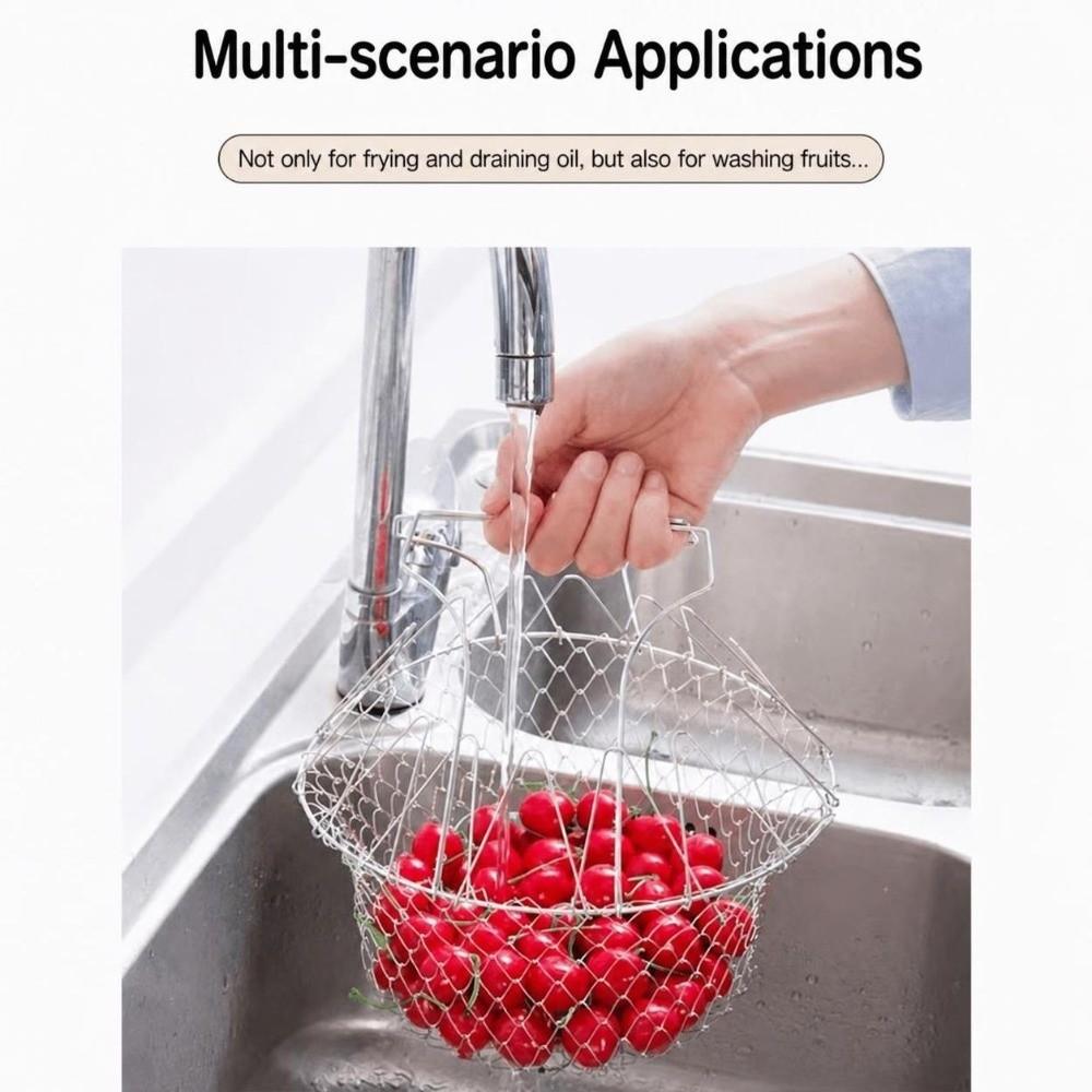 Silver Deep Fry Basket Foldable Design Fry Basket  Frying Foods Washing Fruits Boiling