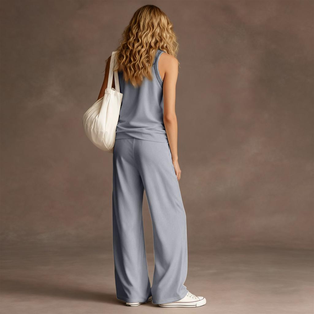 Fashionable Women's Vest V-neck Sleeveless Wide-leg Pants Set, Loose And Casual Two-piece Women's Set