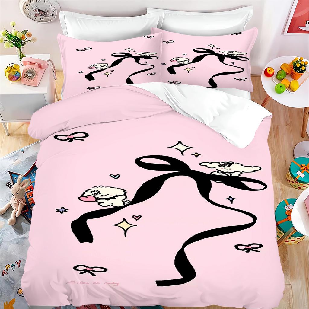 Lovely Bow Carton Anime Soft Duvet Cover Set Kawai Holiday Gifts Comfortable Quilt Covers Pilowcase Set Children Kids Beding Set Decor Quen King-Sized