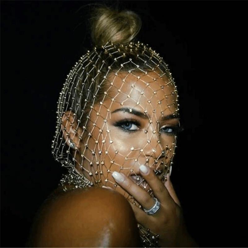 European and American  Electric Syllable Women's Clothing Popular Mesh Diamond Headscarf Mask