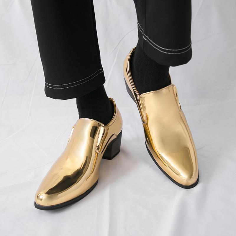 Fashion New British Fashion Men's Gold Pointed Thick-soled Height Increasing Shoes Male Moccasins Wedding Prom Homecoming Footwear