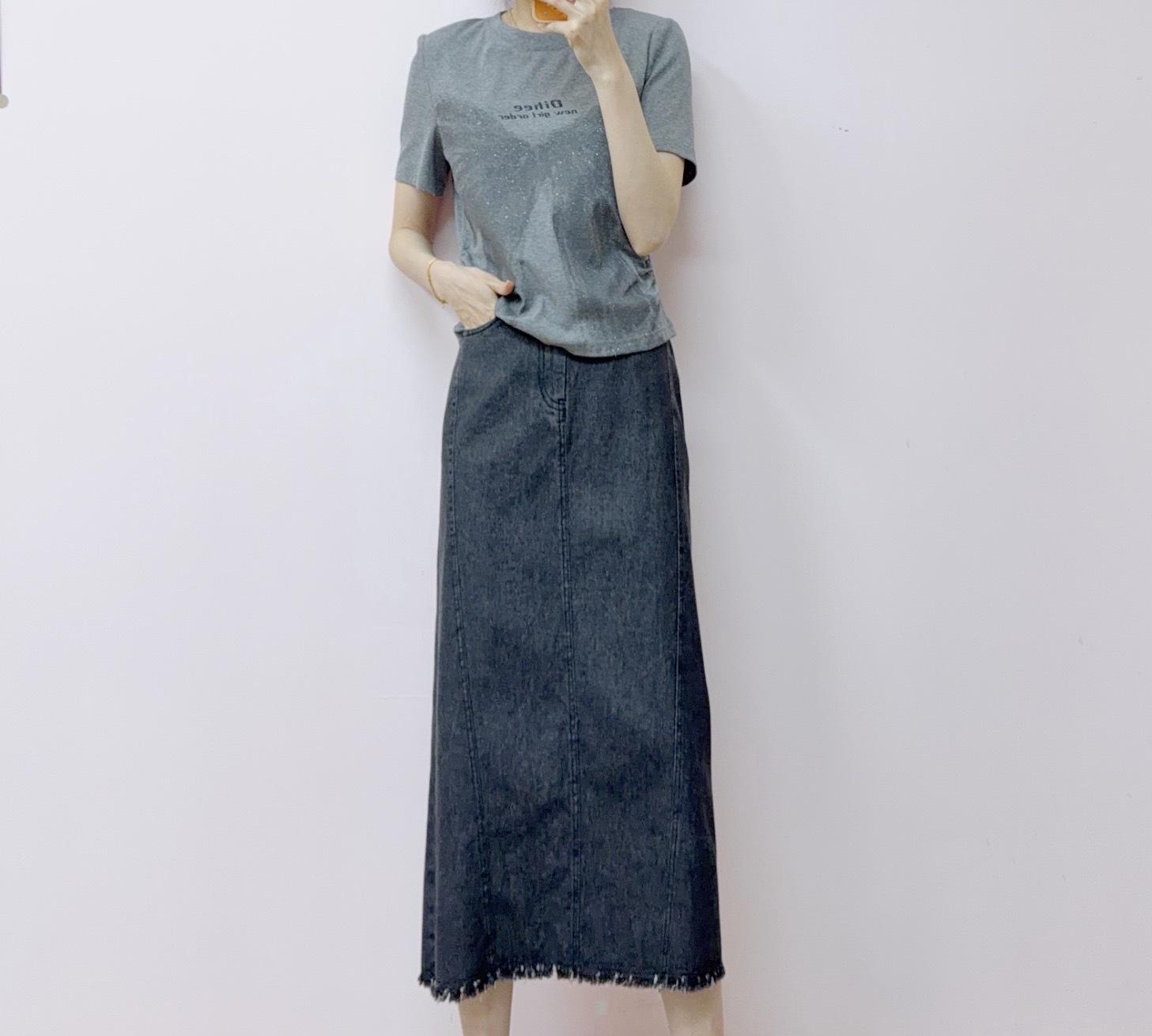 2026 Spring/Summer Tie-Dye T-shirt & Denim Skirt Set M (45-55 kg) серый