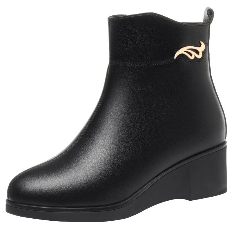 Wedge heel short boots women's, autumn and winter soft leather boots comfortable Martin boots velvet leather shoes medium heel women's boots