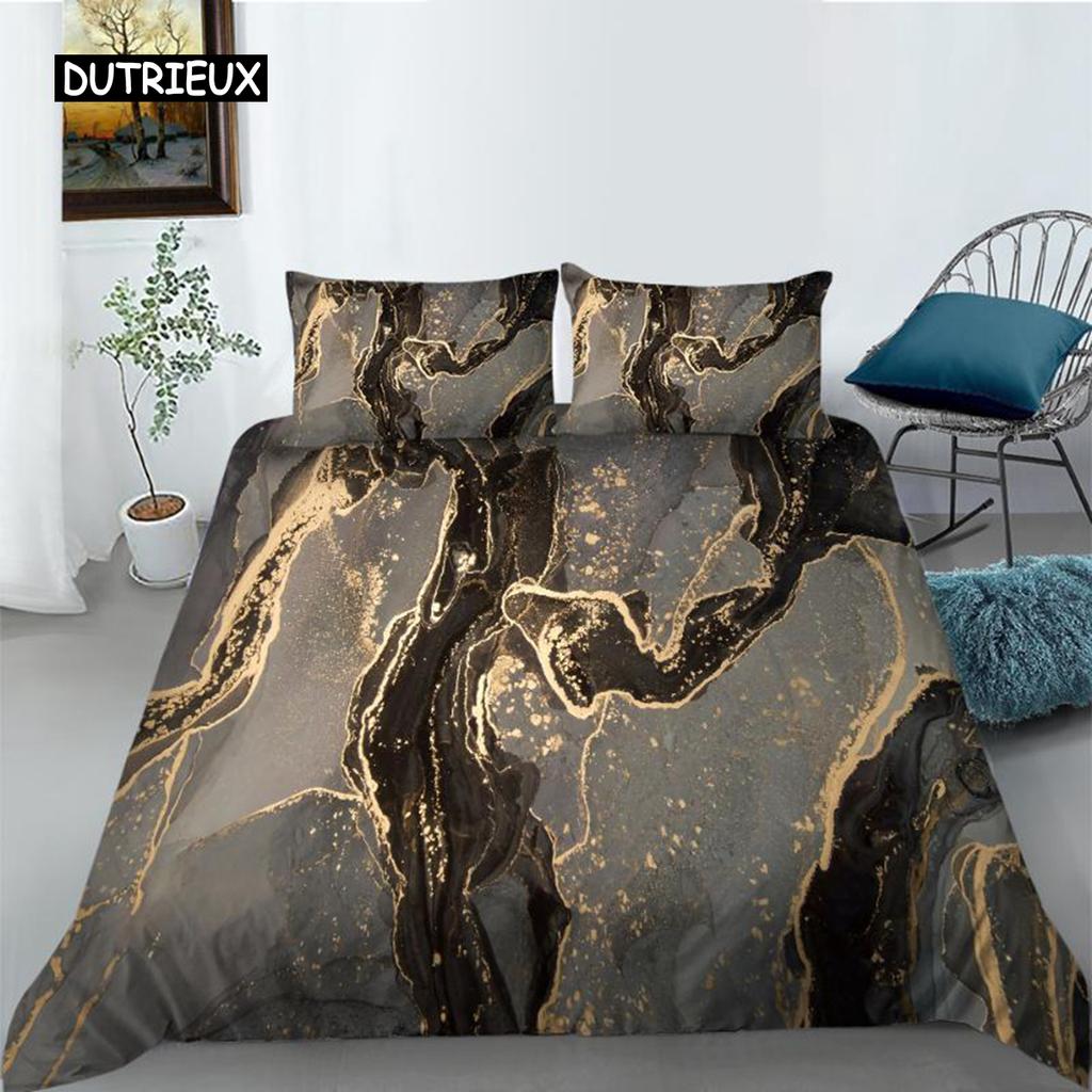Marble Duvet Cover Set Pink Printed Queen Size Bedding Set Polyester Abstract Print Decor Golden Comforter Cover for Girls Teens
