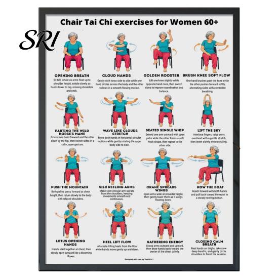 Tai Chi Chair Exercise Poster Workout Unframed Routine Clear Visual Instructions Low Impact Guide Seated Chart for Seniors Beginners Gentle