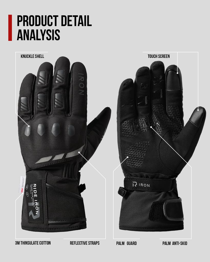 RIDEIRON Motorcycle Gloves, Winter, Waterproof, Smartphone Compatible, Cold Weather, Windproof, Protective, Fleece-Lined, Non-Slip, Unisex