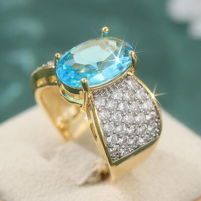 Modischer Funkelnder Meeresblau Synthetischer Zirkonia Vergoldeter Damen Ehering Luxuriöser Verlobungsparty Eleganter Brillanter Schmuck 8&Gold-color gray