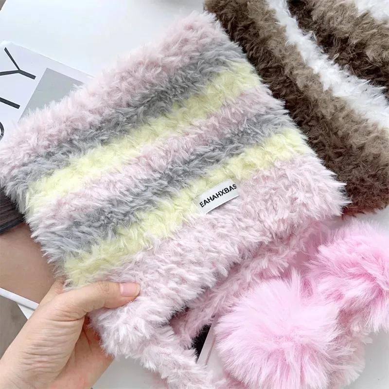 Plush Fluffy Cat Ear Knitted Hat Women Winter Thicken Keep Warm Cute Hair Ball Stripe Ear Protection Beanies Hats Pullover Cap