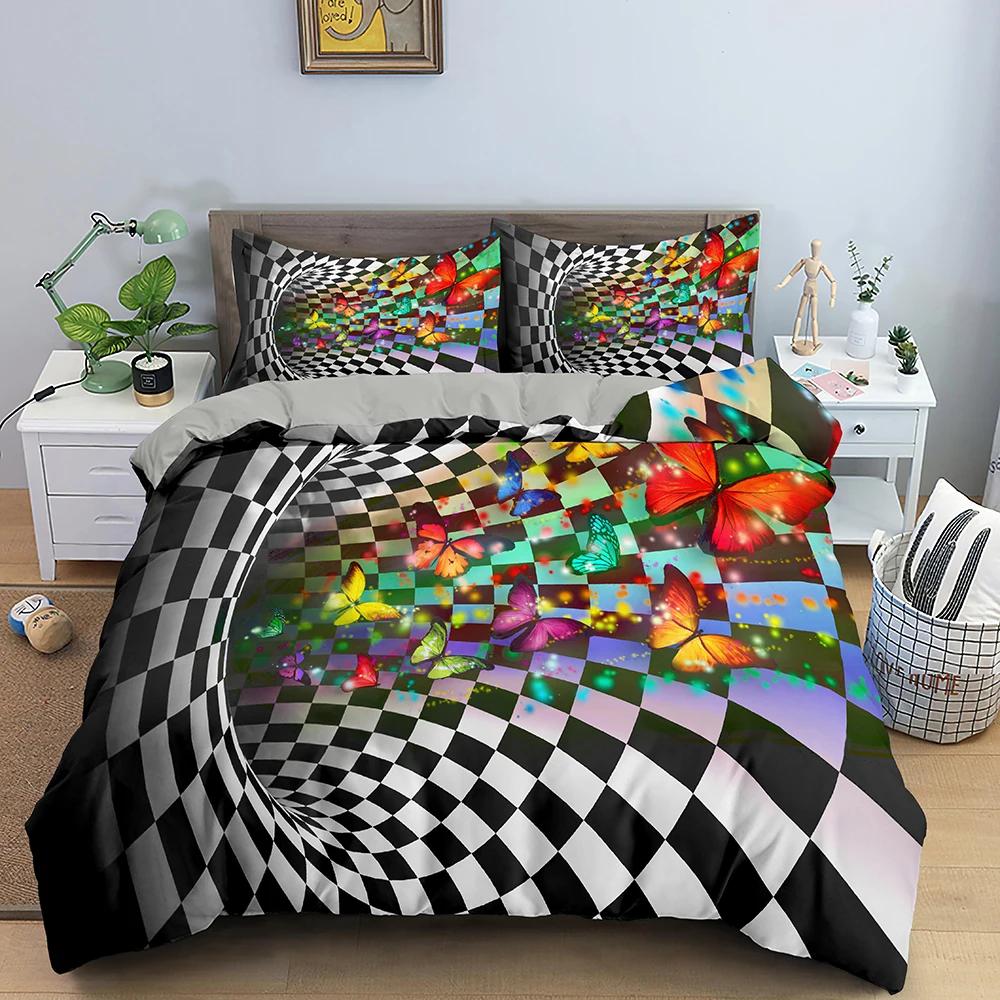 3D abstraktní povlak na přikrývku King Queen Size Barevné vlnité povlečení Set Psychedelický geometrický měkký povlak na přikrývku s povlakem na polštář