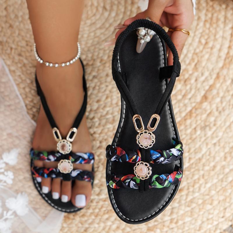 Sandály s plochým podpatkem a kulatou špičkou s tkanými pásky, ležérní plážové sandály s měkkou podrážkou