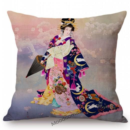 Ancient Japanese Traditional Geisha Oil Painting Art Home Decorative Sofa Throw Pillow Case Beautiful Girl Linen Cushion Cover