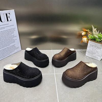 Fashion Rhinestone Short Plush Women Mules Slippers Casual Cover Toe Ladies Comfort Outdoor Platform Flats House Cotton Shoes