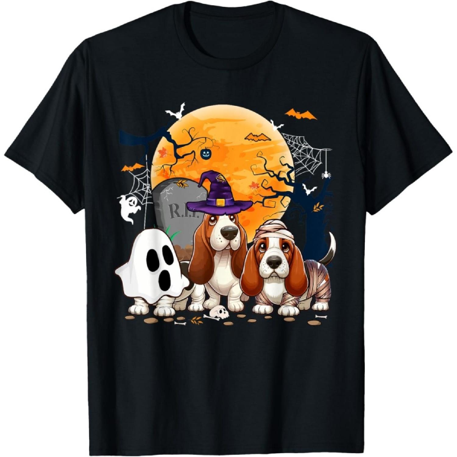 

Three Halloween Basset Hounds Cosplay Witch Ghost Mummy T-Shirt XXXXXL чорний