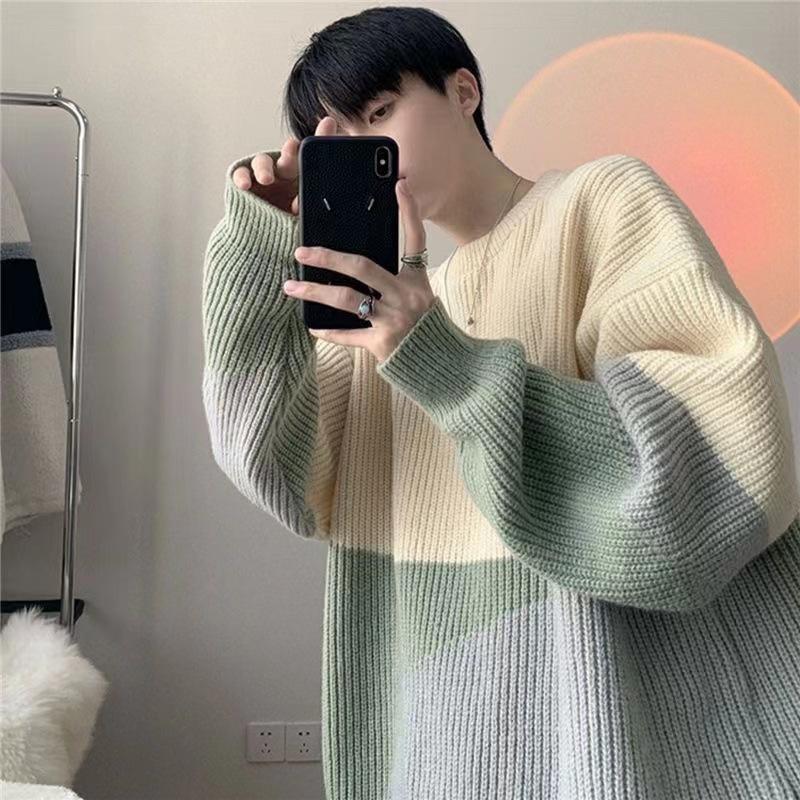 Unisex Oversized Crew Neck Knit Sweater Navy Black Beige Color Block Chunky Loose Fit Casual Pullover