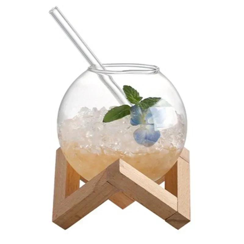 Bicchiere da Cocktail a Sfera Rotonda con Supporto in Legno Cannuccia Trasparente Palla Lunare Bicchieri da Succo per Bevande Fredde Bicchiere da Spiaggia per Vacanze