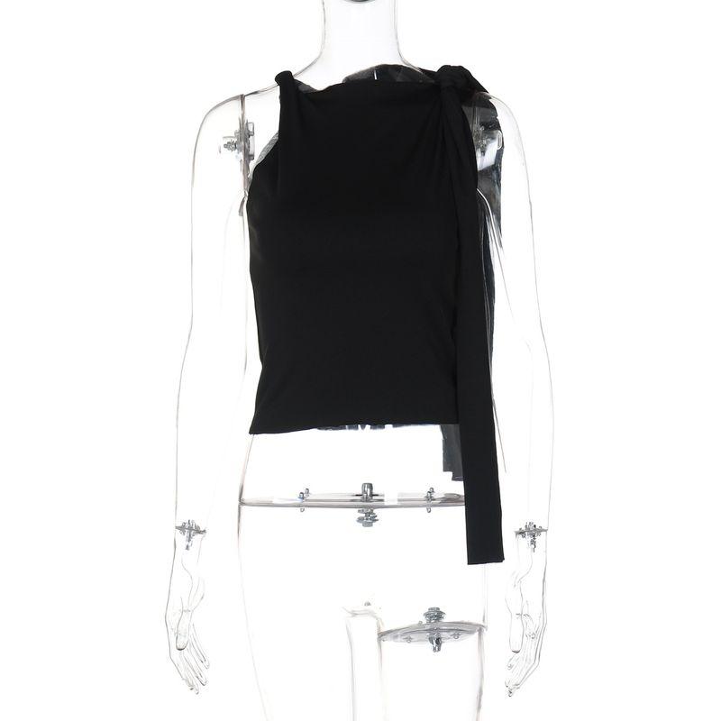 

Sleeveless Single Shoulder Strap T-shirt Sleeveless One Shoulder Lace up Slim Fit T-shirt Black S