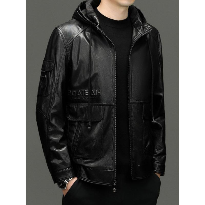 Autumn and winter new men's cowhide leather jacket fashion casual top hooded leather jacket trendy
