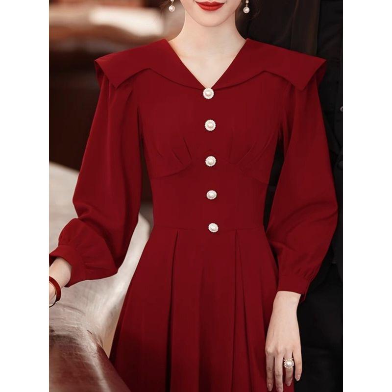 New Chinese-Style Festive Long Dress for Women, Autumn and Winter Plus-Size Elegant Red Dress for Engagement and Homecoming