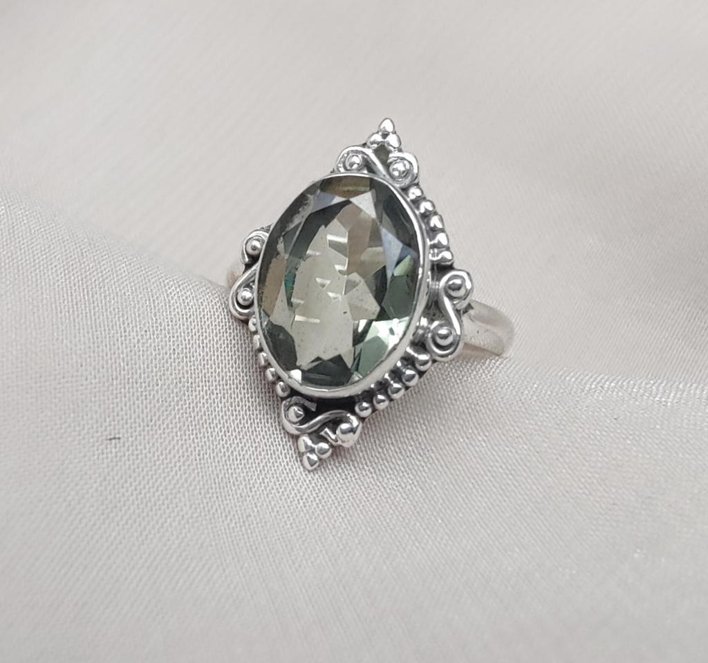 Green Amethyst 925 Sterling Silver Ring: Faceted Oval, Boho Statement Ring