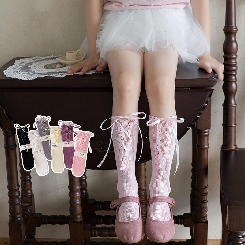 Girls Spring and Summer Lace Calf Socks Lolita Lace-up Bow Pink Girl Baby Pile Socks