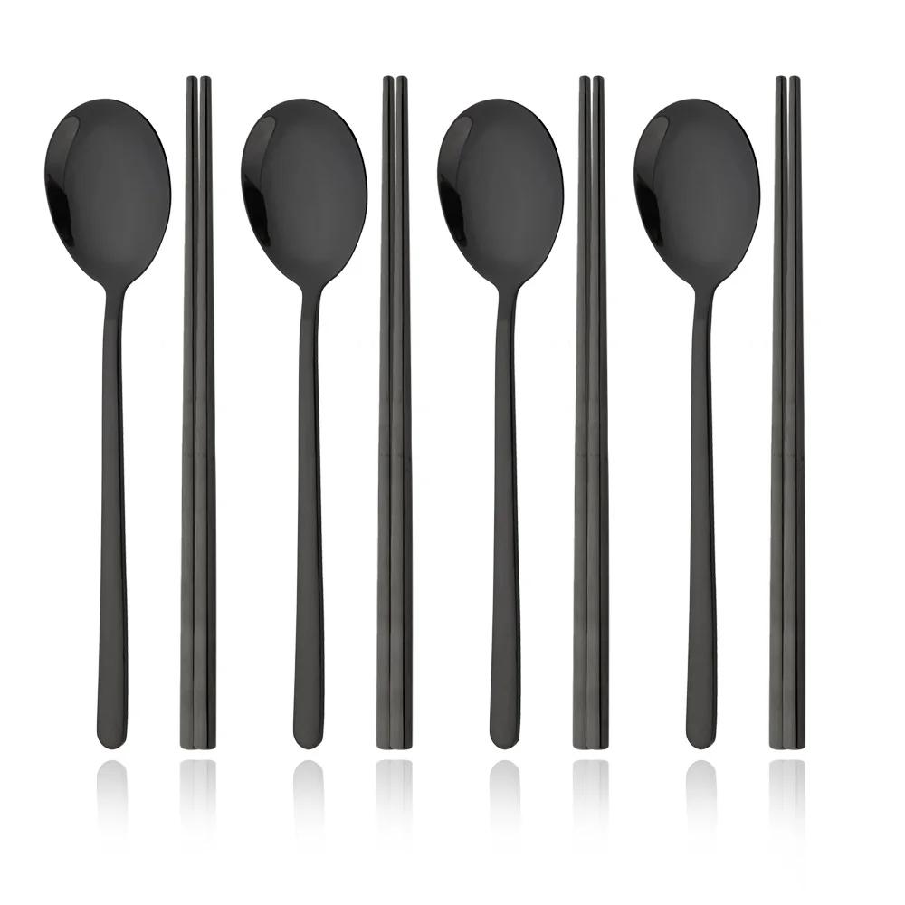 8Pcs/Set Mirror Chopsticks Spoon Cutlery Set Gold Dinnerware Set Luxury Stainless Steel Flatware Korean Tableware Set